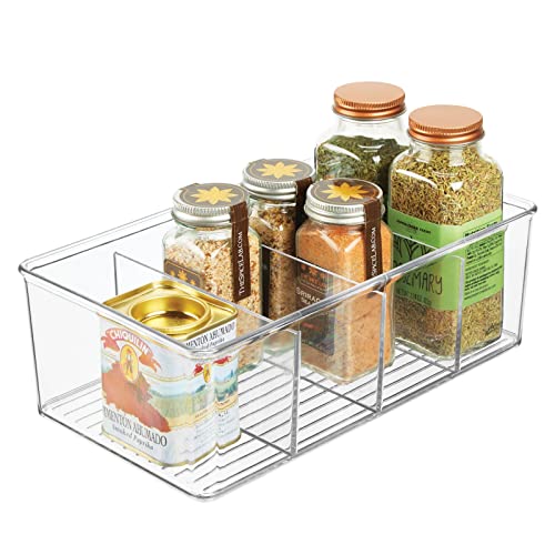 mDesign Plastic Divided Kitchen Organizer Bin Container Box with 4 Sections for Pantry, Fridge, Refrigerator, Countertop, Pantry - Hold Cereal, Snacks, Tea, Seasoning - Ligne Collection - Clear