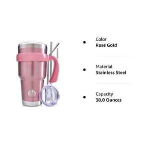 ALBOR Insulated Tumbler with Lid and Straw - 30 oz Insulated Coffee Mug with Handle, Travel Coffee Mug with 2 Lids, 2 Metal Straw, Brush and Storage Bag, Rose Gold