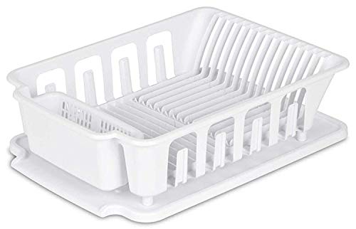 JOEY'Z Extra Large Heavy Duty Sturdy Hard Plastic Sink Set with Dish Rack with Attached Drainboard Cup Holders for Home Kitchen Counter Top Organizer - White (18 3/4" L x 13 3/4" W x 5 1/2")