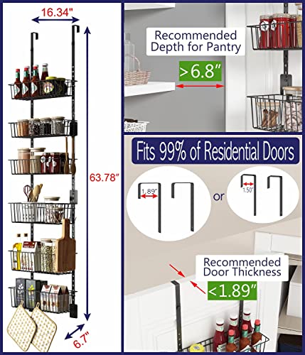 Olirum Over the Door Pantry Organizer, 6 Adjustable Baskets, Large Pantry Organization and Storage, Hanging or Wall Mounted Spice Rack for Kitchen Organization + Pantry Storage with Hooks & Dividers