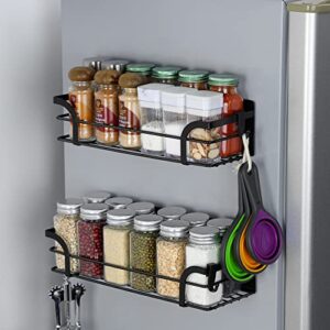 taozun magnetic shelf/magnetic spice rack for refrigerator – 2 packs spice storage organizer with 4 removable hooks seasoning rack for fridge kitchen apartment rv (black, steel)