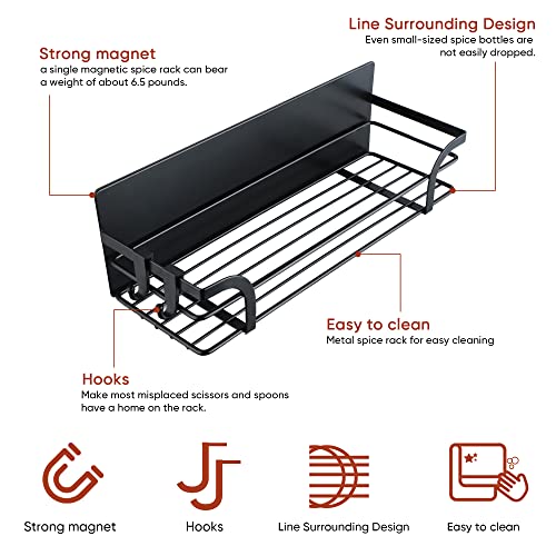 Taozun Magnetic Shelf/Magnetic Spice Rack for Refrigerator - 2 Packs Spice Storage Organizer with 4 Removable Hooks Seasoning Rack for Fridge Kitchen Apartment RV (Black, Steel)