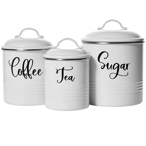 Home Acre Designs Kitchen Canisters Set of 3 - Airtight Tea, Sugar & Coffee Containers - Rustic Farmhouse Canister Jars - White