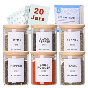 Glass Spice Jars with Bamboo Lids - 20 Pcs Thicken(2.4mm) 4oz Airtight Seasoning Containers with 131 Waterproof Minimalist Spice labels Preprinted - Small herb Jars for Pantry Organization and Storage