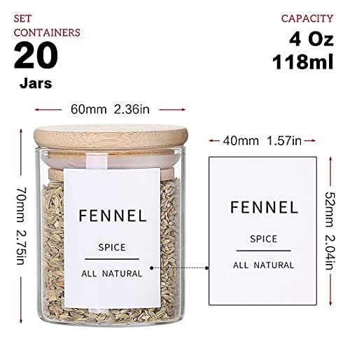 Glass Spice Jars with Bamboo Lids - 20 Pcs Thicken(2.4mm) 4oz Airtight Seasoning Containers with 131 Waterproof Minimalist Spice labels Preprinted - Small herb Jars for Pantry Organization and Storage