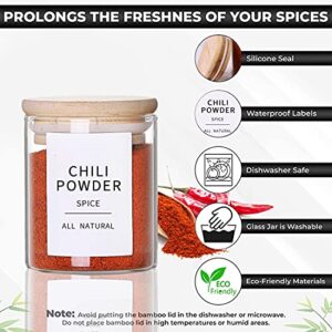 Glass Spice Jars with Bamboo Lids - 20 Pcs Thicken(2.4mm) 4oz Airtight Seasoning Containers with 131 Waterproof Minimalist Spice labels Preprinted - Small herb Jars for Pantry Organization and Storage