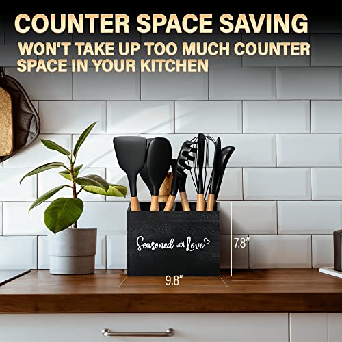 Acenity Kitchen Utensil Holder, Cute Kitchen Utensil Organizer, Wooden Utensil Holder, Lovely Kitchen Countertop decor (Black)