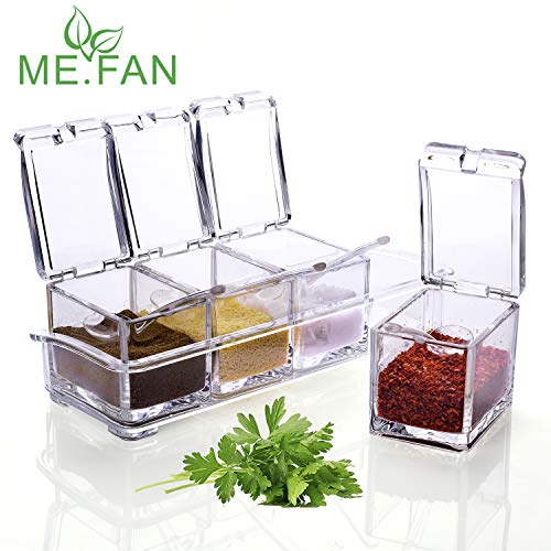 ME.FAN Clear Seasoning Rack Spice Pots - 4 Piece Acrylic Seasoning Box - Storage Container Condiment Jars - Cruet with Cover and Spoon