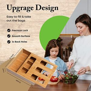 Bamboo Food Storage Bag Organizer for Kitchen Drawer Baggie Container Dispenser Food Storage Bag Holder for Sandwich - Nuts, Cookies & Snack Variety Size Bags, Compatible with Ziploc,Gallon