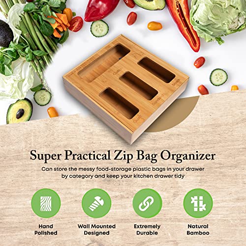 Bamboo Food Storage Bag Organizer for Kitchen Drawer Baggie Container Dispenser Food Storage Bag Holder for Sandwich - Nuts, Cookies & Snack Variety Size Bags, Compatible with Ziploc,Gallon