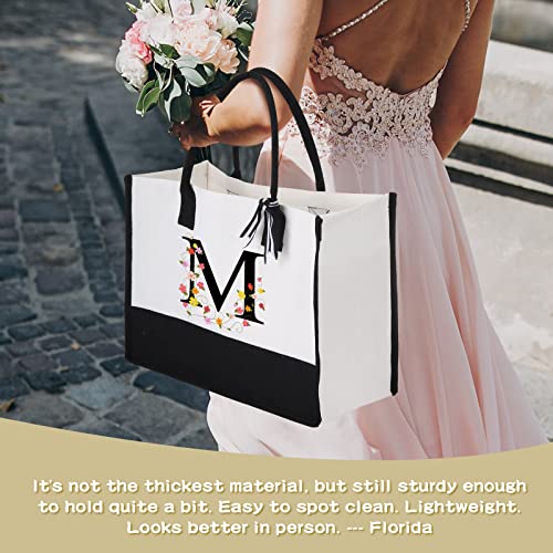 12 Pack Canvas Tote Bags Initial Classic Black and White Present Bag Personalized Canvas Beach Bag for Wedding, Birthday, Beach, Holiday