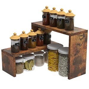 giftgo 2 tier stackable expandable corner spice rack for kitchen countertop cabinet & pantry organizer rustic brown wooden corner shelf rack for desktop storage