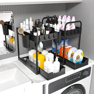 Flufymooz 2 Pack Under Sink Organizer, 2-Tier Sliding Storage Under Cabinet Kitchen Bathroom Drawer Organizer with Hooks Dividers Hanging Cups Handles Black Stable and Rust-Proof Under Sink Storage