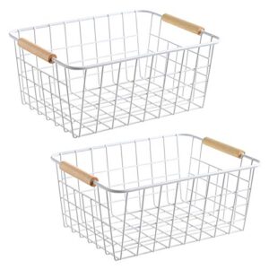 LeleCAT wire white baskets with Wooden Handles Storage Organizer Baskets, Household Refrigerator for Cabinets, Pantry, Closets, Bedrooms, kitchen - Set of 2（White）