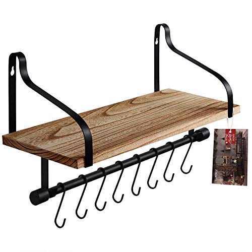 TJ.MOREE Coffee Mug Rack for Wall, Coffee Cup Holder Wall Mounted with 8 Hooks, Coffee Bar Display Shelf, Rustic Floating Storage Shelves Wall Decor