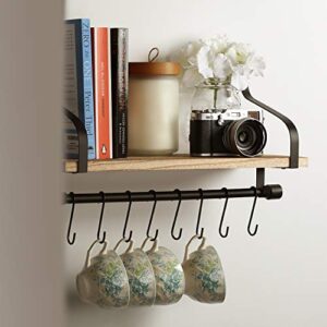 TJ.MOREE Coffee Mug Rack for Wall, Coffee Cup Holder Wall Mounted with 8 Hooks, Coffee Bar Display Shelf, Rustic Floating Storage Shelves Wall Decor