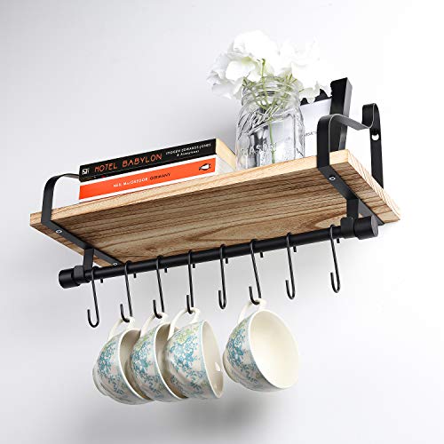 TJ.MOREE Coffee Mug Rack for Wall, Coffee Cup Holder Wall Mounted with 8 Hooks, Coffee Bar Display Shelf, Rustic Floating Storage Shelves Wall Decor