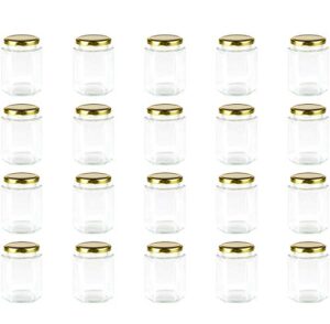 encheng 10 oz hexagon jars,clear glass jars with lids(golden),mason jars for honey,foods,jams,liquid,herb jars spice jars canning jars for storage 20 pack