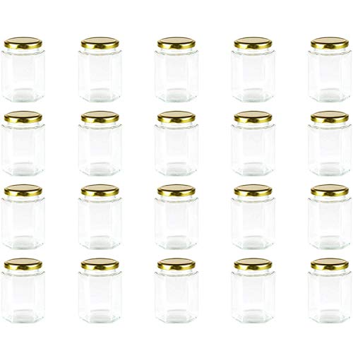 Encheng 10 oz Hexagon Jars,Clear Glass Jars With Lids(Golden),Mason Jars For Honey,Foods,Jams,Liquid,Herb Jars Spice Jars Canning Jars For Storage 20 Pack