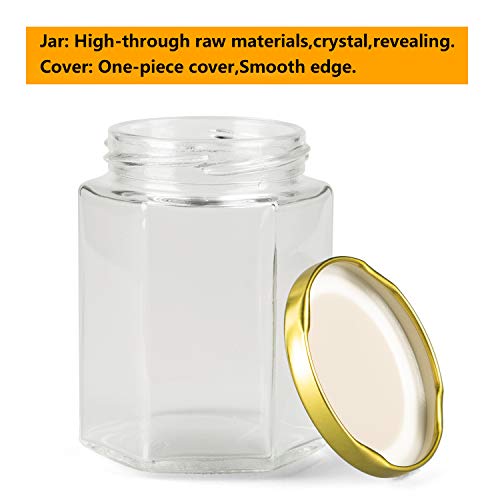 Encheng 10 oz Hexagon Jars,Clear Glass Jars With Lids(Golden),Mason Jars For Honey,Foods,Jams,Liquid,Herb Jars Spice Jars Canning Jars For Storage 20 Pack
