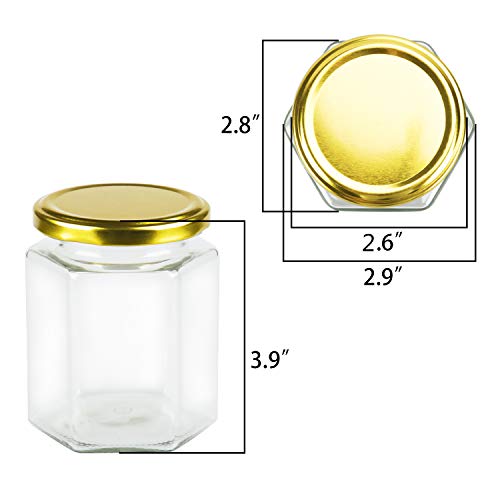 Encheng 10 oz Hexagon Jars,Clear Glass Jars With Lids(Golden),Mason Jars For Honey,Foods,Jams,Liquid,Herb Jars Spice Jars Canning Jars For Storage 20 Pack