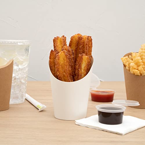 Restaurantware Bio Tek 12 Ounce French Fry Containers, 100 Disposable Charcuterie Cups - Incline Design, Round, White Paper French Fry Cups, Stackable, For Waffles, Chips, or Popcorn