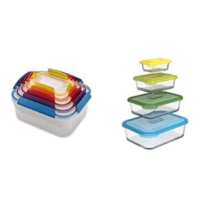 Joseph Joseph Nest Lock Plastic Food Storage Container Set with Lockable Airtight Leakproof Lids, 10-Piece, Multi-Color & Nest Glass Storage Dishes-Multi-Colour, Set of 4, Multicolor