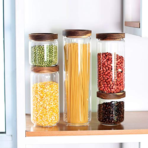 Glass Canisters Set of 5 for the kitchen, Glass Storage Container jars with Airtight Acacia Lid for Coffee Beans, Flour, Sugar, Rice and Spaghetti and etc