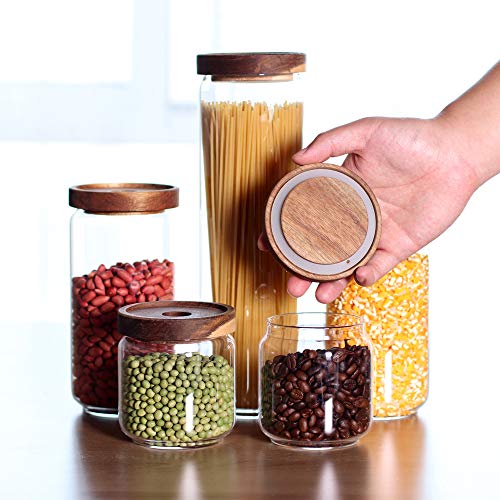 Glass Canisters Set of 5 for the kitchen, Glass Storage Container jars with Airtight Acacia Lid for Coffee Beans, Flour, Sugar, Rice and Spaghetti and etc