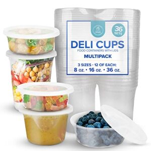 deli containers with lids – food storage containers – clear freezer containers | 36-pack bpa free plastic 8, 16, 32 oz | cup pint quart set | great for soup, meal prep, portion control, slime and more