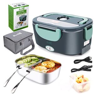 budth 80w electric lunch box, portable food warmer for car truck office construction site, 12v 24v 110-230v adapter, leak proof, 304 stainless steel container, ss fork & spoon and carry bag (green)