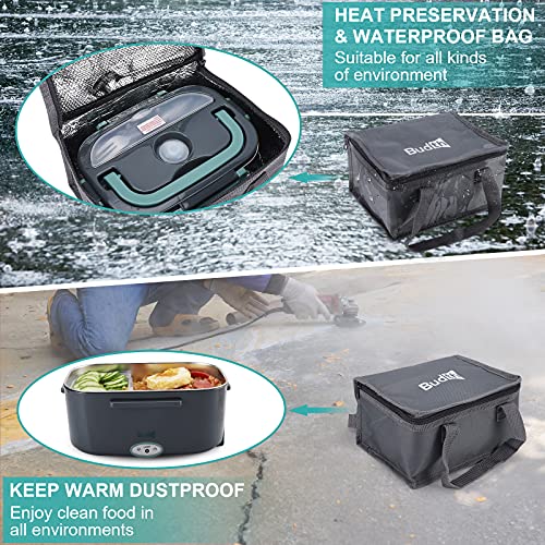 Budth 80W Electric Lunch Box, Portable Food Warmer for Car Truck Office Construction Site, 12V 24V 110-230V Adapter, Leak Proof, 304 Stainless Steel Container, SS fork & Spoon and Carry Bag (Green)