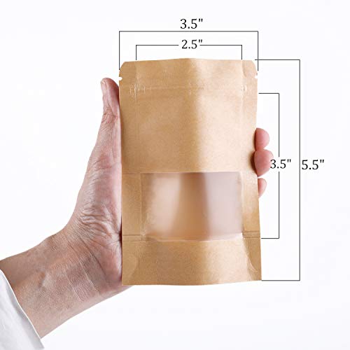 Kingrol 300 Pack 3.5 x 5.5 Inch Mini Kraft Paper Bags with Resealable Lock Seal Zipper &Transparent Window, Stand Up Food Bags