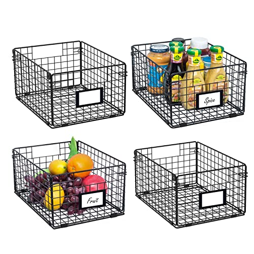 X-cosrack Foldable Cabinet Wall Mount Metal Wire Basket Organizer Pantry Basket with Handles - 4 Pack -12" x 9" X 6", Food Storage Mesh Bin for Kitchen Bathroom Laundry Closet Garage Patent Design
