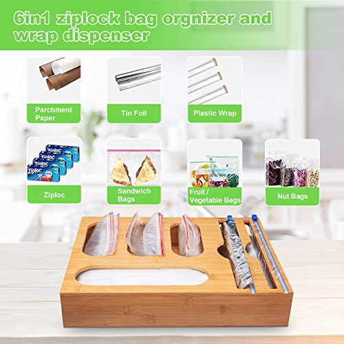 Kitchen Foil and Plastic Wrap Organizer, Bamboo Ziplock Bag Storage Organizer, Wrap Dispenser with Cutter，Compatible with Gallon, Quart, Sandwich and Snack Variety Size Bag