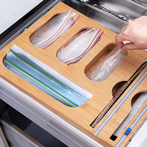 Kitchen Foil and Plastic Wrap Organizer, Bamboo Ziplock Bag Storage Organizer, Wrap Dispenser with Cutter，Compatible with Gallon, Quart, Sandwich and Snack Variety Size Bag