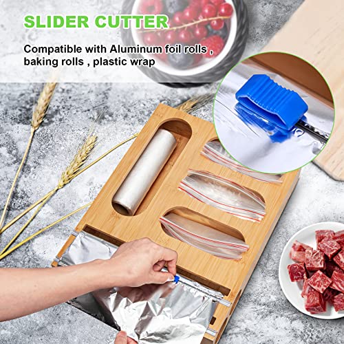 Kitchen Foil and Plastic Wrap Organizer, Bamboo Ziplock Bag Storage Organizer, Wrap Dispenser with Cutter，Compatible with Gallon, Quart, Sandwich and Snack Variety Size Bag