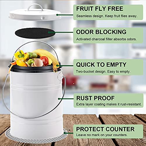 Compost Bin for Kitchen Counter, LALASTAR Small Metal Compost Bin Indoor Kitchen Sealed with Lid for Food Waste, Countertop Composter Container, White, 1 Gallon