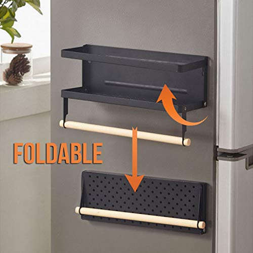 Jolitac Magnetic Fridge Spice Rack- Space Saving Organizer Black Shelf on Refrigerator, Kitchen Paper Towel Holder, Foldable Design (Black-Small)