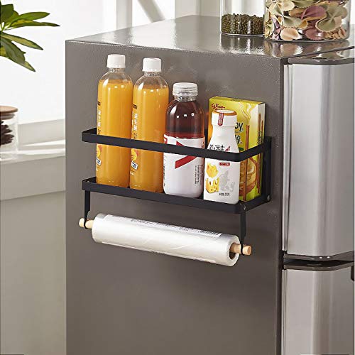 Jolitac Magnetic Fridge Spice Rack- Space Saving Organizer Black Shelf on Refrigerator, Kitchen Paper Towel Holder, Foldable Design (Black-Small)