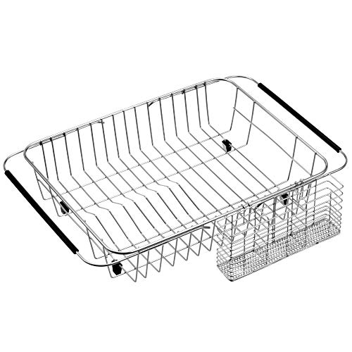 iPEGTOP Expandable Dish Drying Rack with Rustproof Stainless Steel Utensil Cutlery Holder, Over Sink Dish Rack Basket Shelf, Dish Drainer in Sink or On Counter