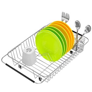 iPEGTOP Expandable Dish Drying Rack with Rustproof Stainless Steel Utensil Cutlery Holder, Over Sink Dish Rack Basket Shelf, Dish Drainer in Sink or On Counter