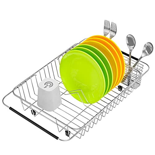 iPEGTOP Expandable Dish Drying Rack with Rustproof Stainless Steel Utensil Cutlery Holder, Over Sink Dish Rack Basket Shelf, Dish Drainer in Sink or On Counter