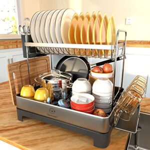 Genteen Dish Drying Rack, 2 Tier Large Dish Drying Rack with Drainboard 304 Stainless Steel Dish Rack for Kitchen Counter with Swivel Spout, Utensil Holder, Cup Rack