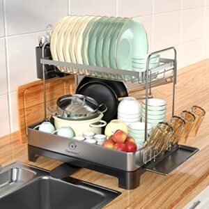 Genteen Dish Drying Rack, 2 Tier Large Dish Drying Rack with Drainboard 304 Stainless Steel Dish Rack for Kitchen Counter with Swivel Spout, Utensil Holder, Cup Rack