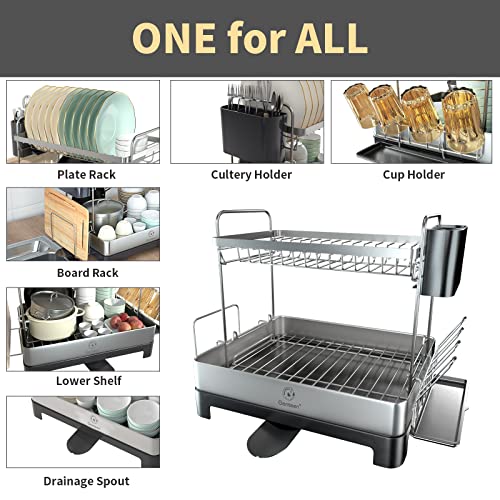 Genteen Dish Drying Rack, 2 Tier Large Dish Drying Rack with Drainboard 304 Stainless Steel Dish Rack for Kitchen Counter with Swivel Spout, Utensil Holder, Cup Rack