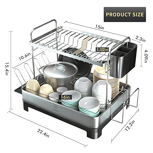 Genteen Dish Drying Rack, 2 Tier Large Dish Drying Rack with Drainboard 304 Stainless Steel Dish Rack for Kitchen Counter with Swivel Spout, Utensil Holder, Cup Rack