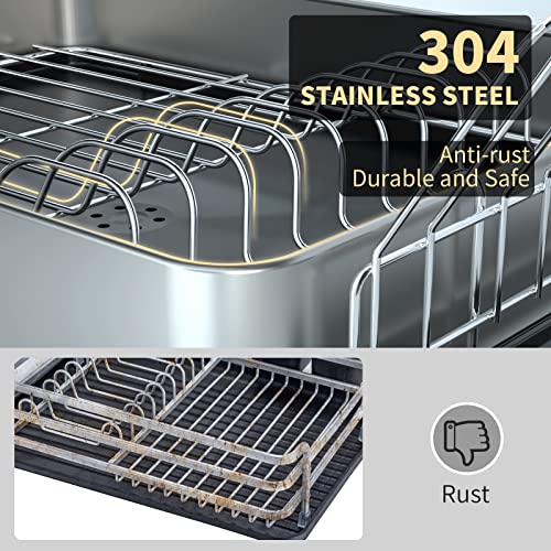 Genteen Dish Drying Rack, 2 Tier Large Dish Drying Rack with Drainboard 304 Stainless Steel Dish Rack for Kitchen Counter with Swivel Spout, Utensil Holder, Cup Rack