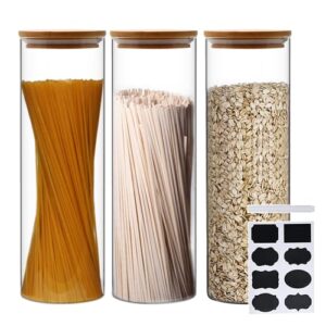 large glass storage jars set of 3,glass food storage jars with bamboo lids,glass kitchen canister set for spaghetti,pasta,flour,coffee beans,cereal,rice(67 oz)