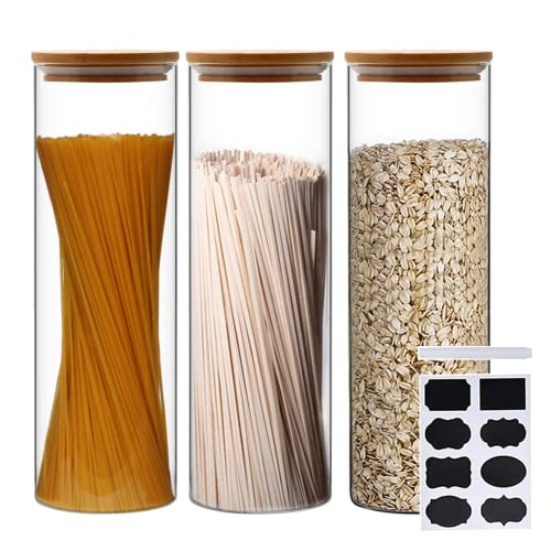 Large Glass storage Jars Set of 3,Glass Food Storage Jars with Bamboo Lids,Glass Kitchen Canister Set for Spaghetti,Pasta,Flour,Coffee Beans,Cereal,Rice(67 OZ)